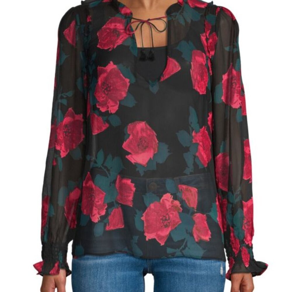 Paige Alessia Silk Floral Blouse black red sheer roses